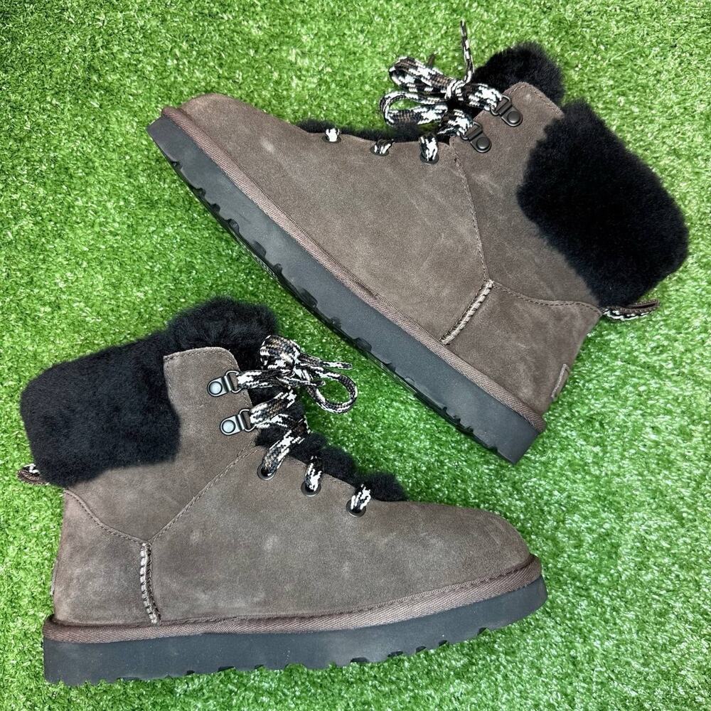 UGG Women's Classic Mini Alpine Lace Boots Brown Suede Women’s Size 7 New - Picture 3 of 7